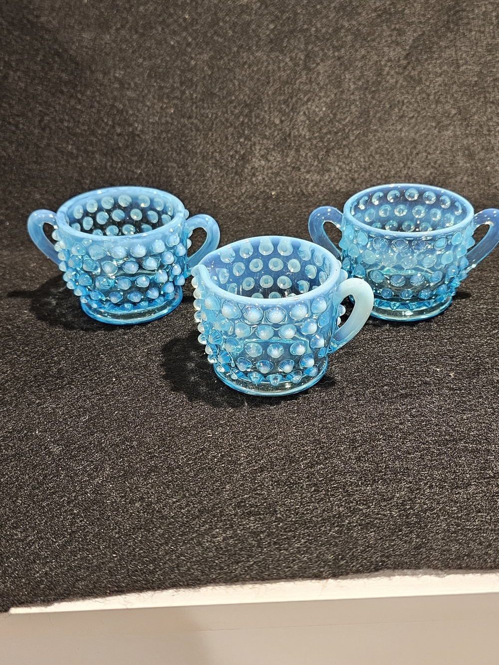 Vintage Fenton Blue Hobnail 2 Glass Sugars and Creamer Set - Decorative Home Art